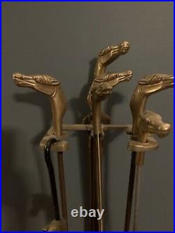 Vintage Brass Horse Head Handle Fireplace 6 Piece Tool Set + Stand Equestrian