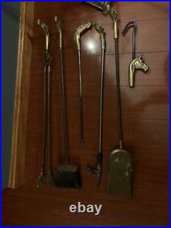 Vintage Brass Horse Head Handle Fireplace 6 Piece Tool Set + Stand Equestrian