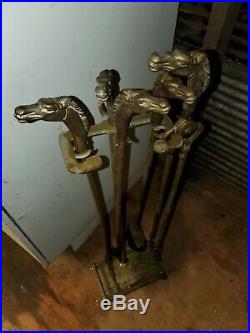 Vintage Brass Horse Head Handle Fireplace Tool Set Equestrian Traditional