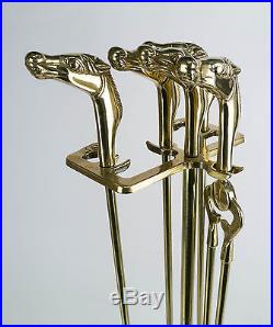 Vintage Brass Horse Head Mustang Fireplace Tools 5 Piece Set Poker Tongs + Clean