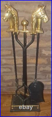 Vintage Brass Horsehead Fireplace Tool Set 5 Pieces Shovel Brush Tongs Poker