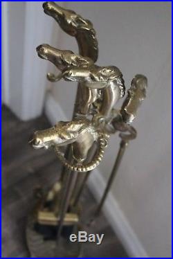 Vintage Brass Horses Head Sculpture Fireplace Tools Set with Stand