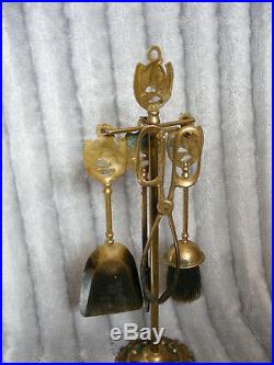 Vintage Brass Horseshoe Horse Head Fireplace Fireside Companion Set Tools Stand