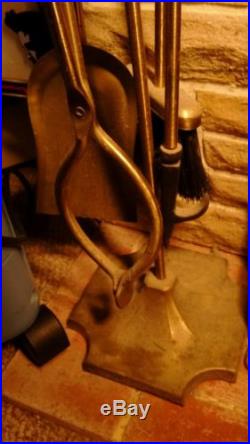 Vintage Brass & Iron Fireplace Tools Set 5Pc Shovel, Poker, Broom Tongs & Stand