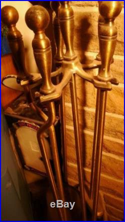 Vintage Brass & Iron Fireplace Tools Set 5Pc Shovel, Poker, Broom Tongs & Stand