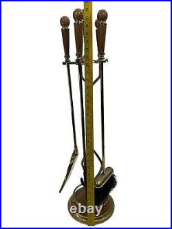 Vintage Brass Iron Oak Handles Fireplace Tool & Stand Set Decor Tools Chimney