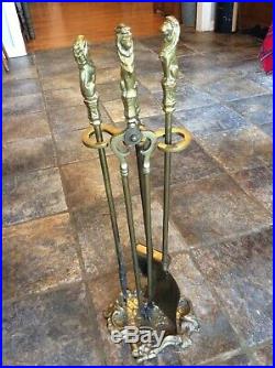 Vintage Brass Lions Fireplace Tool Set with Stand