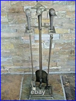 Vintage Brass Mallard Duck Head Fireplace 4 Piece Tool Set 4 Tools & Stand