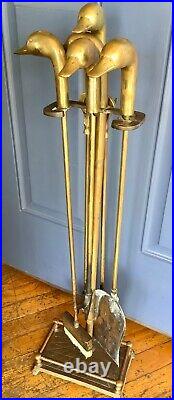 Vintage Brass Mallard Duck Head Fireplace 5 Piece Tool Set- 4 Tools/Stand