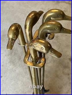 Vintage Brass Mallard Duck Head Fireplace 5 Piece Tool Set 4 Tools & Stand
