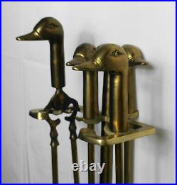 Vintage Brass Mallard Duck Head Fireplace 5 Piece Tool Set- 4 Tools/Stand Black