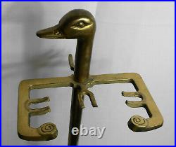 Vintage Brass Mallard Duck Head Fireplace 5 Piece Tool Set- 4 Tools/Stand Black