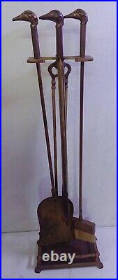 Vintage Brass Mallard Duck Head Fireplace Tool Set 4 Piece + Stand