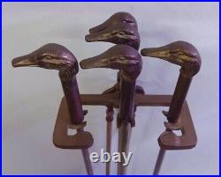 Vintage Brass Mallard Duck Head Fireplace Tool Set 4 Piece + Stand