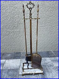 Vintage Brass & Marble Fireplace Tool Set WithStand (Caddy) 31 Tall