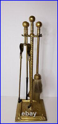 Vintage Brass Metal Ornate Fireplace Set 4 Tools & Stand 26 tall