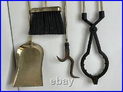 Vintage Brass Metal and Iron Fireplace Tool Set With Stand 30 Tall