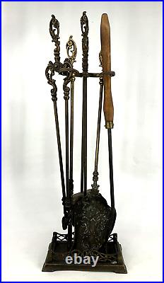 Vintage Brass Ornate Fireplace Tools MCM Set Of 5 Tools & Brass Base Italy