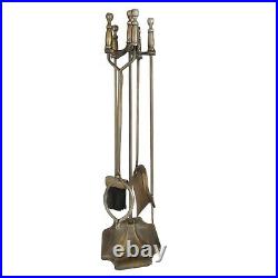 Vintage Brass Oval Classy head Fire Tool Set, poker, brush, tongs, shovel, stand