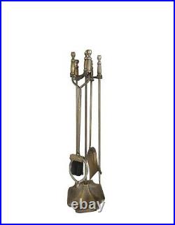 Vintage Brass Oval Classy head Fire Tool Set, poker, brush, tongs, shovel, stand