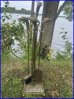 Vintage Brass Phoenix Head Fireplace Tool Set 5 Piece 4 Tools and Stand