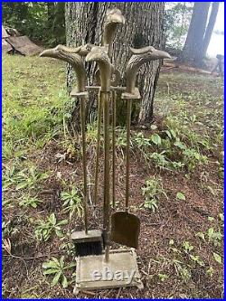 Vintage Brass Phoenix Head Fireplace Tool Set 5 Piece 4 Tools and Stand