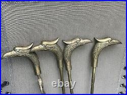 Vintage Brass Phoenix Head Fireplace Tool Set 5 Piece 4 Tools and Stand