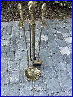 Vintage Brass Seashell Clam Shell Fireplace Tool Set Stand 4 Tools Patina