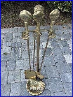 Vintage Brass Seashell Clam Shell Fireplace Tool Set Stand 4 Tools Patina