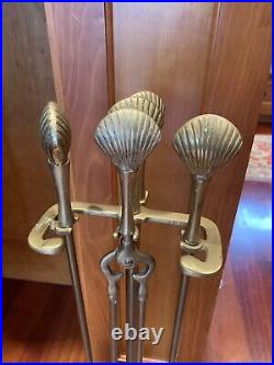 Vintage Brass Seashell Clam Shell Fireplace Tool Set Stand 4 Tools Patina