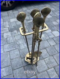 Vintage Brass Seashell Clam Shell Fireplace Tool Set Stand 4 Tools Patina