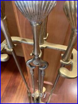 Vintage Brass Seashell Clam Shell Fireplace Tool Set Stand 4 Tools Patina