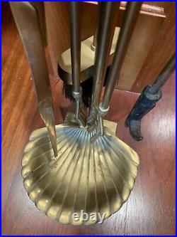 Vintage Brass Seashell Clam Shell Fireplace Tool Set Stand 4 Tools Patina