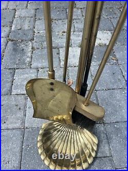 Vintage Brass Seashell Clam Shell Fireplace Tool Set Stand 4 Tools Patina