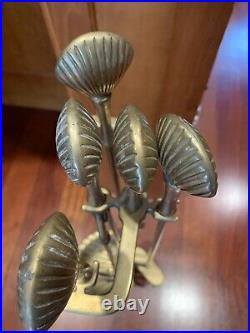 Vintage Brass Seashell Clam Shell Fireplace Tool Set Stand 4 Tools Patina