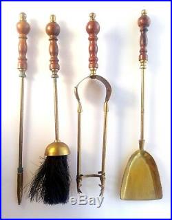 Vintage Brass & Wood Fireplace Tools 5 Piece Set Rustic Cottage Compact Small