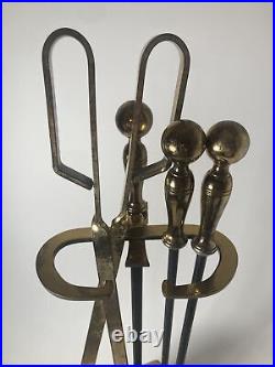 Vintage Brass and Iron Fireplace Tool Set 4 Piece Set With Stand Has Wear/Age