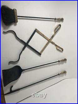 Vintage Brass and Iron Fireplace Tool Set 4 Piece Set With Stand Has Wear/Age