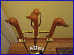 Vintage Brass fire place tools oak wood carved Duck Heads & Stand 6 Pc. Set 1970