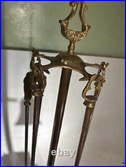 Vintage Bronze Casted Brass METAL CRAFT BRASS 3 PC FIREPLACE TOOL Stand Marble