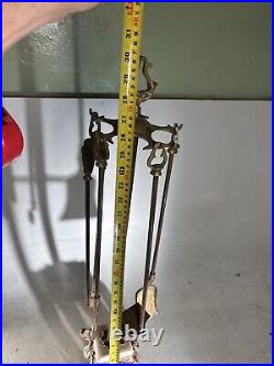 Vintage Bronze Casted Brass METAL CRAFT BRASS 3 PC FIREPLACE TOOL Stand Marble