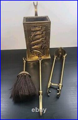 Vintage Bronze Fireplace Mantel Tool Set 4 Pc Ship Wooden Box Nautical Decor