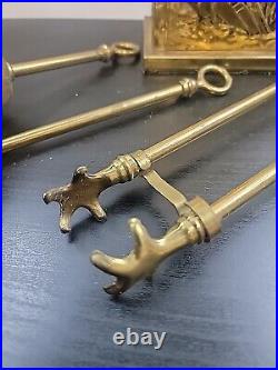 Vintage Bronze Fireplace Mantel Tool Set 4 Pc Ship Wooden Box Nautical Decor