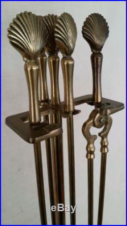 Vintage CLAM SHELL HANDLE Brass 5 Piece Fireplace Fire Tools Hearth Set Seashell