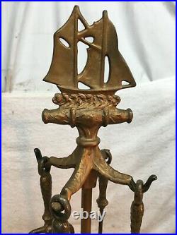 Vintage Cast Iron Fire Place Tool Set Nautical Sailing Ship Hearth Ash Shovel