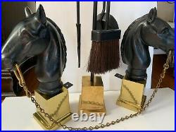 Vintage Cast Iron Horse Head Brass Fireplace Andirons & Fireplace Tool Set -NICE