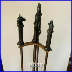 Vintage Cast Iron Horse Head Brass Fireplace Andirons & Fireplace Tool Set -NICE