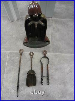 Vintage Cast Iron Medieval Knights in Armor Fireplace Companion Set Fire Tools