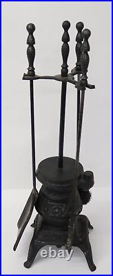 Vintage Cast Iron Pot Belly Stove 3 Piece Fire Place Set, All Steel Tools