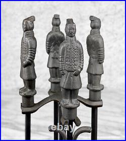 Vintage Chinese Cast Iron Terracotta Warrior 5-Piece Fireplace Tool Set